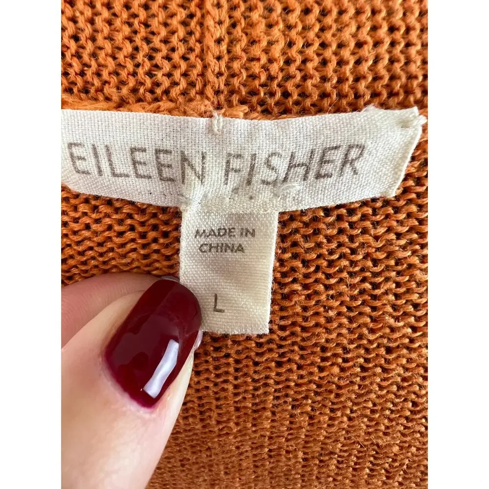 Eileen Fisher Orange Linen Knit Open Front Long Sleeve Cardigan Sweater Large L